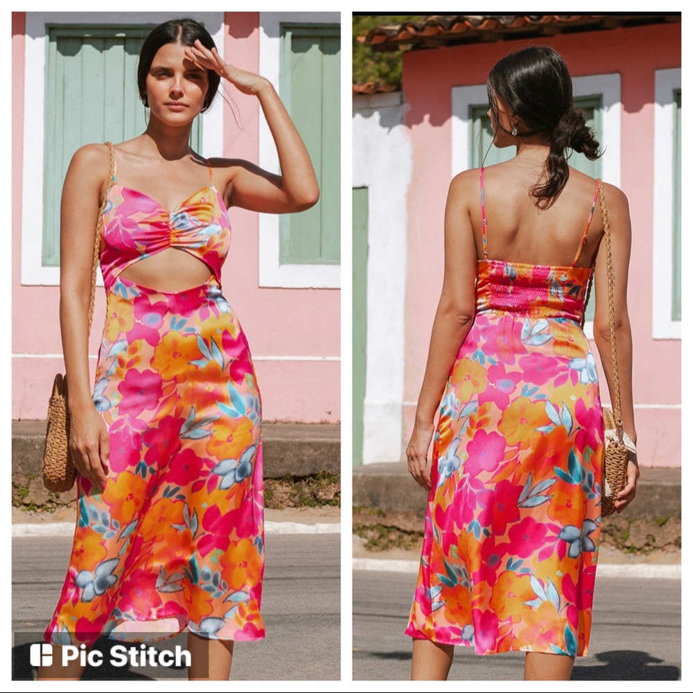 Abril Rushing Floral Satin Cutout Dress